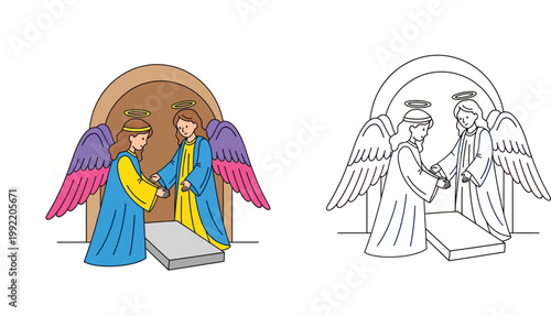 Two angels at the empty tomb Easter resurrection scene, full color and black and white line art coloring page vector illustration.