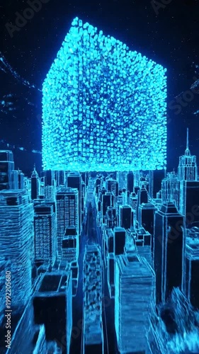 Futuristic Cityscape with Digital Cube - A Cyberpunk Vision.