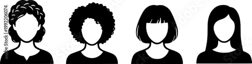A minimalist vector graphic illustration of four diverse women silhouettes on transparent background