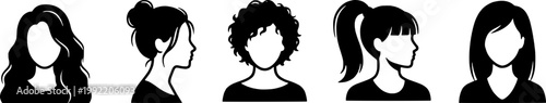 A minimalist vector graphic illustration of five diverse women silhouettes with different hairstyles on transparent background