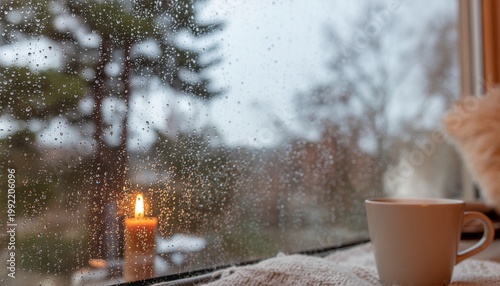 Cozy winter scene with candle and coffee by a snowy window with trees outside on a cold day