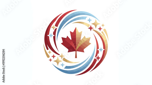 A swirling Canadian maple leaf emblem with stars and lines representing celebration and national pride