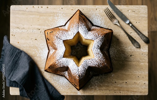 Pandoro on wooden cutting board, topped with powdered sugar, star-shaped cutout in center. Concept of cozy setting featuring buttery star bread dusted with sugar, warm lighting.
