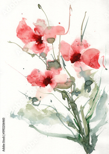 Abstract Floral Watercolor Illustration Collection, A beautiful series of hand-painted semi-abstract watercolor flowers, featuring expressive brushstrokes and artistic on textured drawing paper, creat