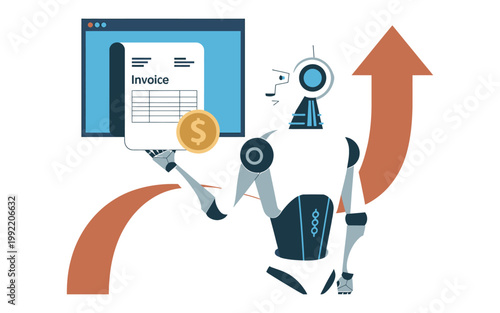 Robot character managing digital invoice with upward growth arrow representing artificial intelligence in financial automation task.
