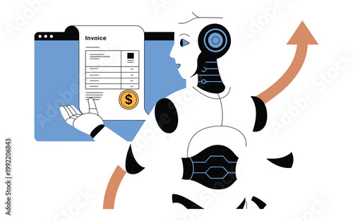 Robot character managing digital invoice with upward growth arrow representing artificial intelligence in financial automation task.