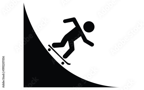 Silhouette skateboarder riding down skatepark ramp bowl extreme sports pictogram.