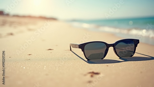 Stylish sunglasses on sandy beach with ocean background, summer vacation concept, travel accessory, warm sunlight, minimal composition, relaxation and leisure mood