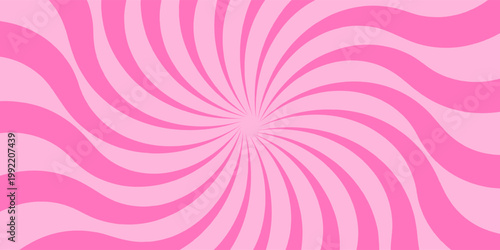 Retro candy cane spiral background with strawberry cream swirls. Pink whirlpool bg. Whimsical Y2K vortex pattern featuring pastel pink and white radial beams in psychedelic cartoon style.