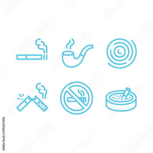 Smoking icons set including cigarette, pipe, ashtray, and no smoking signs with smoke elements on a transparent background.