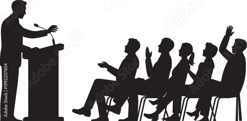 Silhouette of a man speaking at a podium to an audience