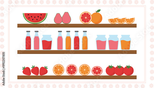 Colorful fruit and juice shelf display with watermelon pears oranges strawberries tomatoes and decorative floral border vector design