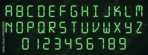 Full set of glowing digital letters and numbers. Green LED display alphabet and digits isolated on dark background