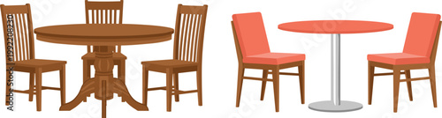 Wooden Dining Table with Chairs and Modern Cafe Table Set Vector Illustration Featuring Classic Round Table and Upholstered Seating for Interior Furniture Design
