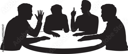 Silhouettes of four people sitting around a table discussing