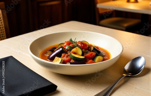 Bowl of Ratatouille on wooden table in cozy restaurant, colorful stewed eggplant, zucchini, peppers, tomato topped with herbs. Concept of warm dining atmosphere.