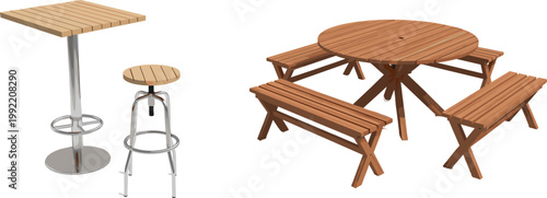 Bar Table with Stool and Wooden Picnic Table Set Vector Illustration Featuring Outdoor Seating Furniture for Cafe Patio Garden and Restaurant Design