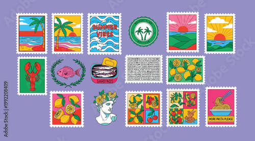 Set of colorful summer themed postage stamps with tropical beaches, food, and retro illustrations