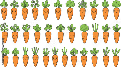 Vector illustration of cartoon carrots with smiling faces and diverse leafy tops arranged in grid layout