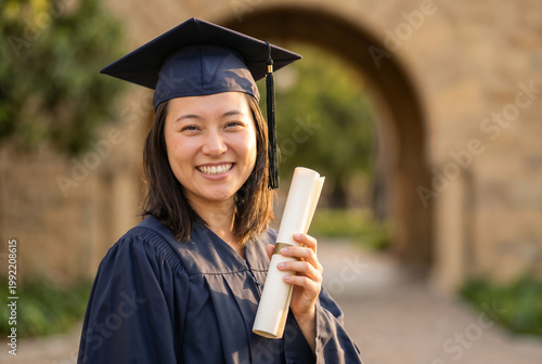 Young Asian woman smiling in graduation gown holding diploma outdoors  
