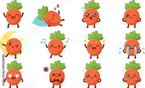Vector illustration of cartoon radish characters with diverse emotions and activities in playful grid layout
