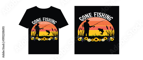 Gone Fishing Illustration with Sunset and Sunflowers