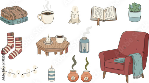 Vector illustration of cozy home decor with sweater, coffee, candle, armchair, lights, plant, and book