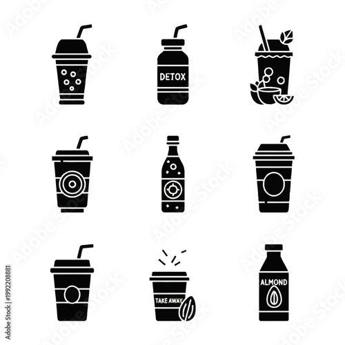 Black glyph icons of beverages including bubble tea, detox juice, fruit smoothie, takeaway coffee cups, almond milk bottle, and sparkling water, isolated on a white background.