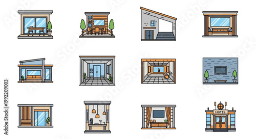 Set of twelve modern architectural icons and interior design vignettes featuring hotel facades, living rooms, dining areas, and building exteriors in a flat vector line art style.