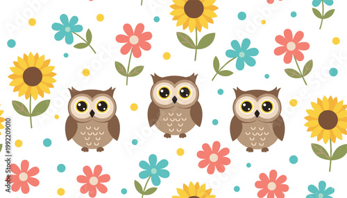 Vector illustration of repeating pattern with cartoon owls, sunflowers, pink and blue flowers, and colorful dots
