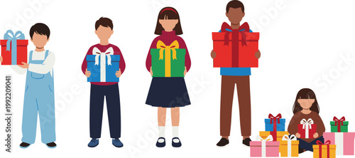 Diverse Group of Happy Children Holding Colorful Gift Boxes and Presents for Christmas, Birthday Celebrations, Holiday Festivals, and Charitable Giving Event Illustrations