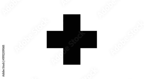 Minimalist black medical cross symbol isolated on a solid white background, representing first aid, healthcare, hospital emergency services, pharmaceutical clinics, and safety icons.