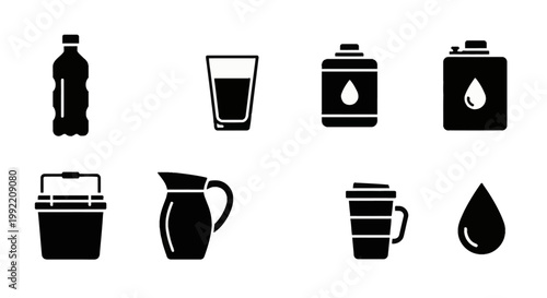 Set of eight black solid silhouette icons for hydration featuring a plastic water bottle, drinking glass, liquid storage canisters, cooler, pitcher, travel mug, and a water drop.