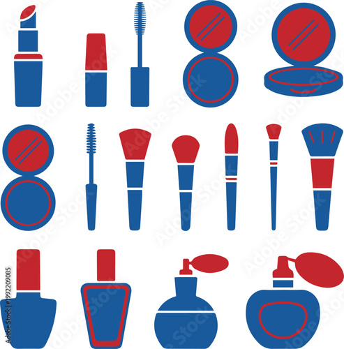 Cosmetic and Beauty Icon Set, Makeup Product Silhouettes in Flat Design Style