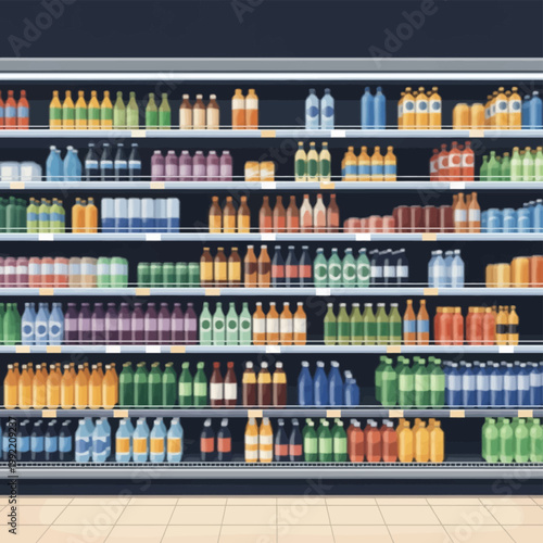 Vector illustration of a supermarket beverage aisle with seven shelves fully stocked with colorful bottles of soda, mineral water, juice, and soft drinks in a retail grocery store.