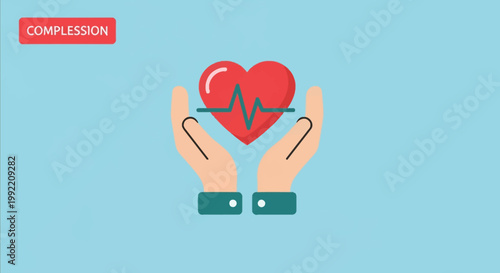 Vector illustration of human hands cupping a red heart with a green heartbeat ECG pulse line, symbolizing healthcare, medical support, and compassion on a solid blue background.
