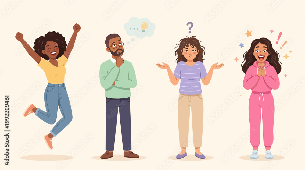 Fototapeta premium Diverse Multiethnic People Expressing Different Emotions and Reactions in Flat Vector Illustration Style