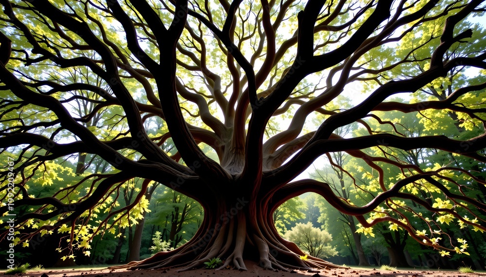 Fototapeta premium A majestic tree with an expansive canopy of twisting branches dominates the scene, spreading wide across the image