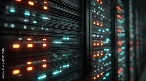 Server rack data center blinking light network hardware blue light orange light technology cybersecurity equipment connection server rack data