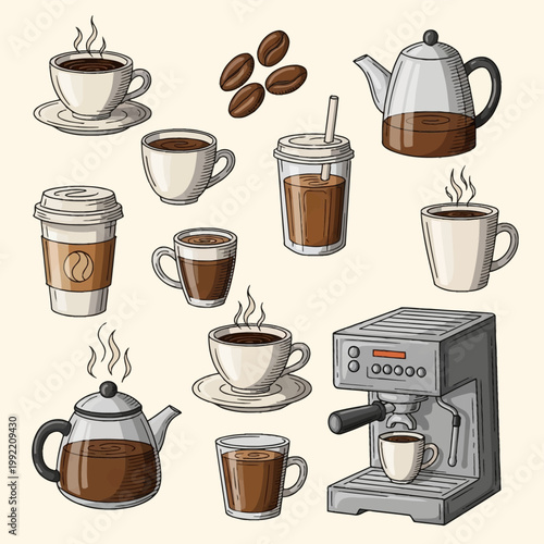 Hand-drawn coffee shop doodle icons featuring espresso machine, coffee cups, mugs with saucers, teapots, take-away paper cup, iced coffee with straw, and roasted coffee beans.