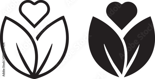 Black and white heart-shaped leaf two variants symbols