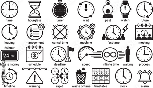 A clean, organized grid of flat vector icons related to time, clocks, scheduling, and punctuality. Include the following icons time (clock face with hour