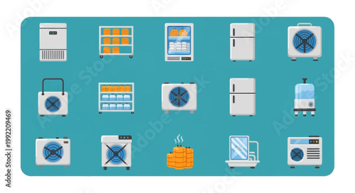 Set of flat vector icons for industrial cold storage and commercial refrigeration featuring freezers, cooling fans, storage racks with goods, ventilation units, and cooling systems.