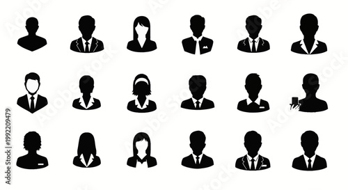 Collection of eighteen black silhouette icons of men and women wearing business suits and casual attire for professional profile avatars and user interface design on white background.