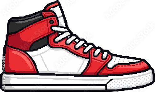 High-top athletic footwear with a classic design, featuring red and white color blocking and lace-up closure