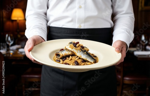 Waiter in white shirt and black apron holds plate of Sarde a Beccafico, sardines stuffed with breadcrumbs raisins pine nuts. Concept of dining experience in restaurant.