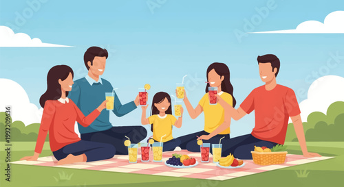 Vector illustration of a family enjoying a summer picnic in a park, sitting on a checkered blanket and raising glasses of juice in a toast, surrounded by fresh fruit and green grass.