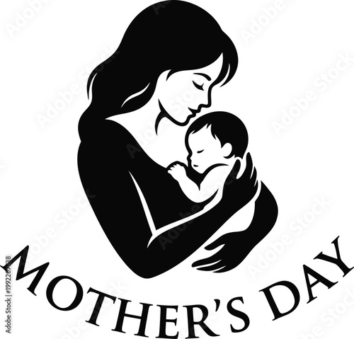 Mothers day logo with a mother holding a baby in black silhouette on white background