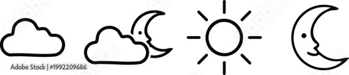 Weather cloud, moon phases, and sun symbol black and white