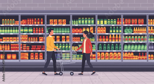 Flat vector illustration of a man and woman shopping in a grocery store aisle with a metal cart in front of refrigerated glass display cases filled with various jars, bottles, and food.